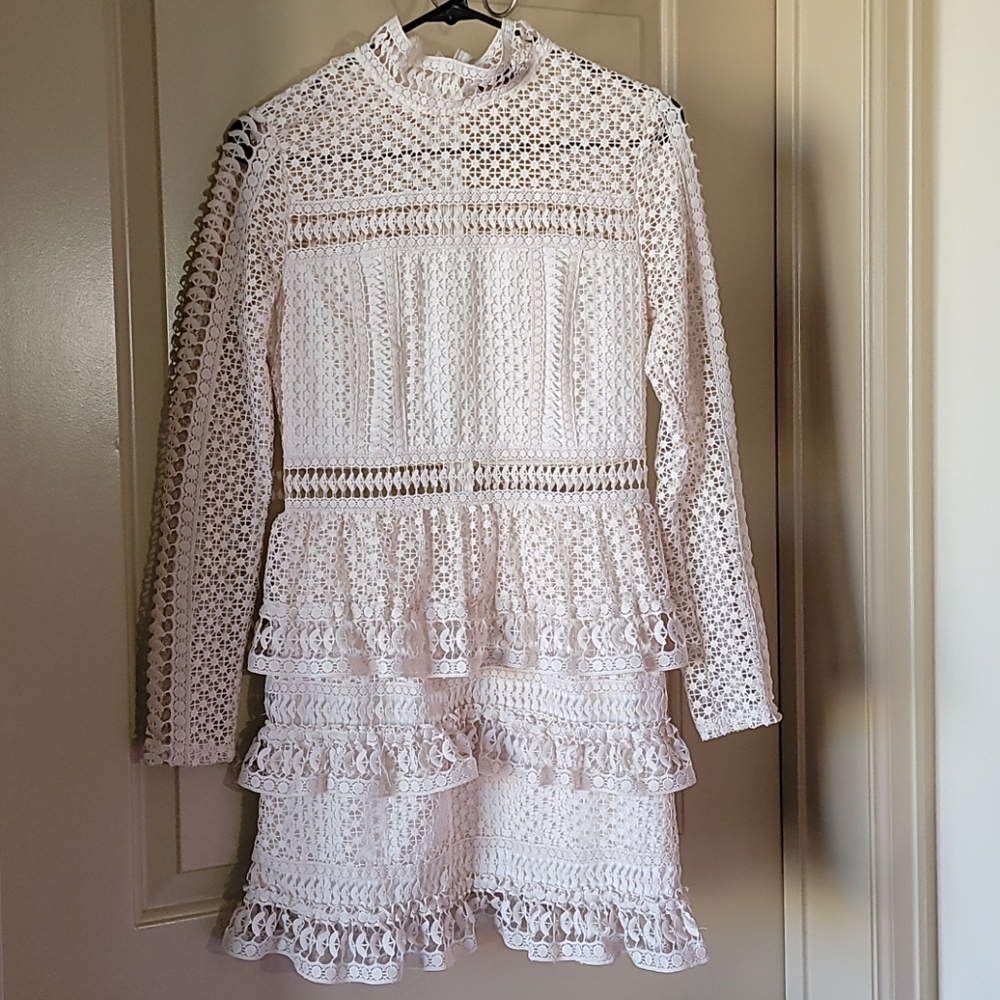 AQUA High neck Long sleeve Lace Tiered Mini Dress